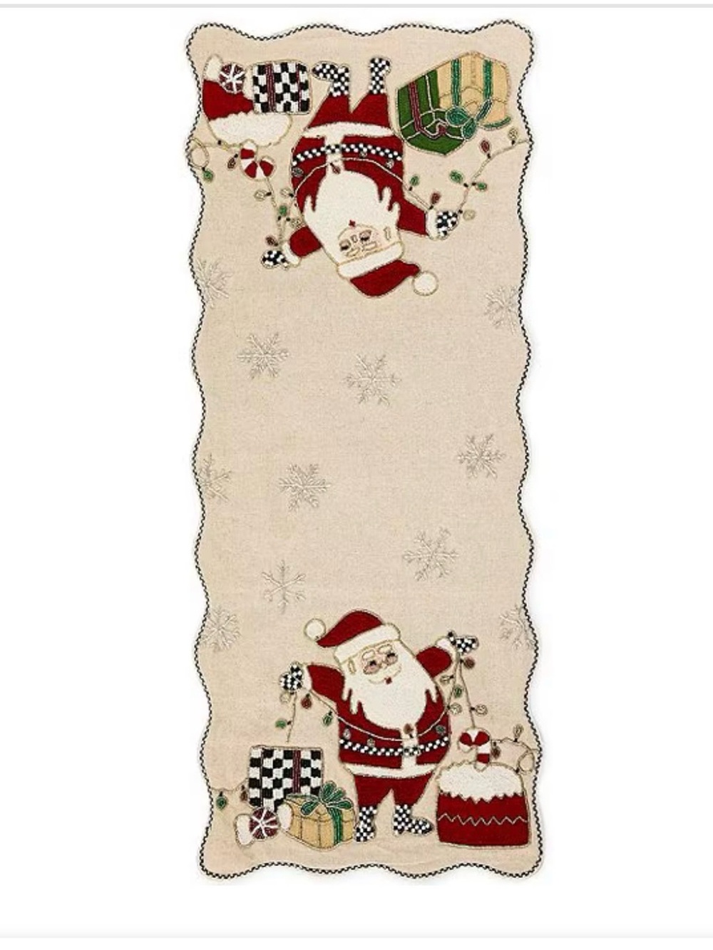 Mackenzie Childs Santa with Tree Lights Beaded Table Runner NEW